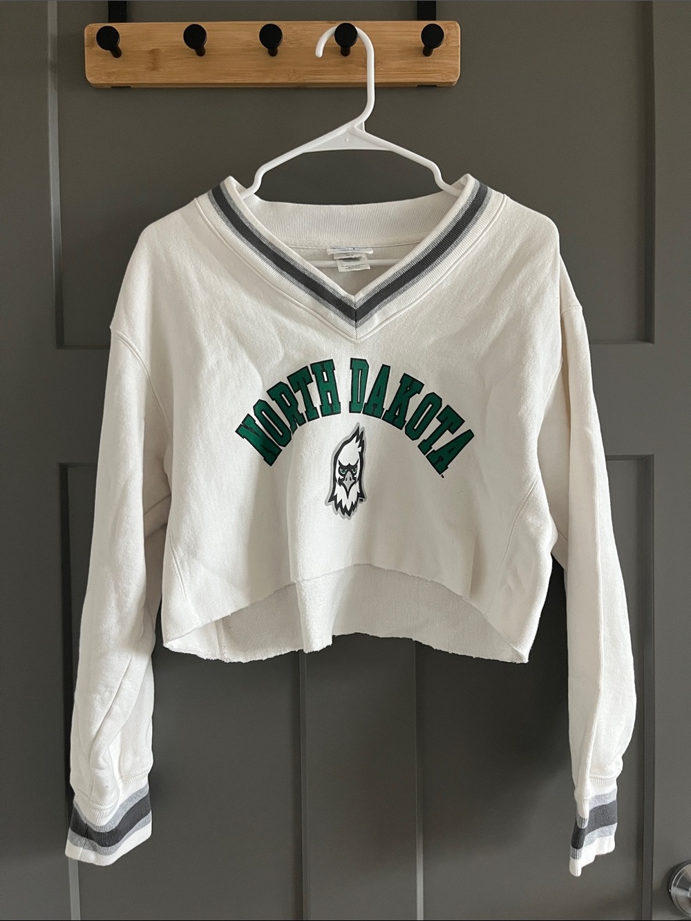 North Dakota White Cropped V-Neck Sweatshirt